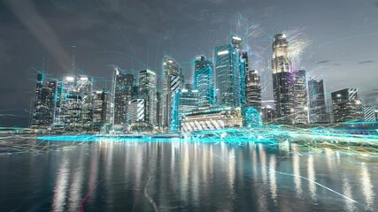Wall Mural - Smart digital city skyline concept. Communication network. Artificial Intelligence technology, digital city, 5g networks