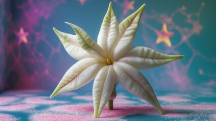Wall Mural - white and green star-shaped flower on colorful background with decorative stars and pink glitter cop