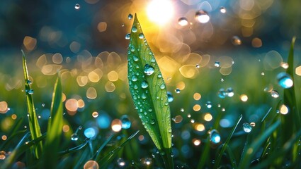 Wall Mural - close-up of a green grass blade with water droplets sparkling in sunlight against a blurred backgrou