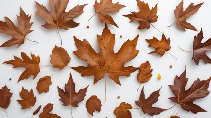 Wall Mural - dried autumn leaves arranged on a white background with varying sizes and shapes creating a natural 