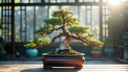 Wall Mural - Bonsai tree with lush green foliage displayed in an elegant pot surrounded by a serene indoor setting with natural light Copy Space