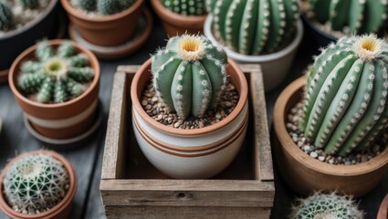 Wall Mural - assorted cacti in various pots on wooden surface with natural light copy space