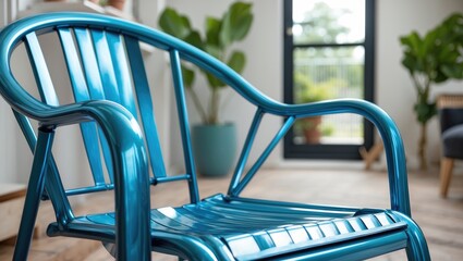 Wall Mural - Modern turquoise metal chair in minimalist interior with greenery and large window light Copy Space