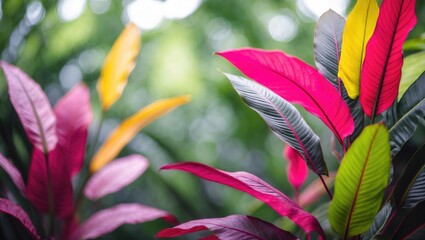 Wall Mural - tropical foliage with vibrant pink, red, yellow, and green leaves in soft-focus background with natu