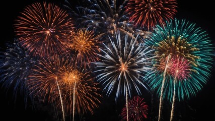 Colorful firework display against a dark sky with various shapes and sizes, bright bursts of orange, blue, green, and red, Copy Space