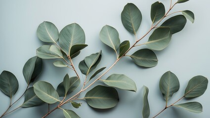 Poster - eucalyptus leaves arrangement on pastel blue background with copy space for text placement