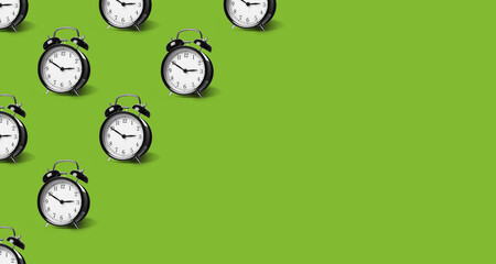 Black alarm clocks on light green background, pattern. Banner design with space for text