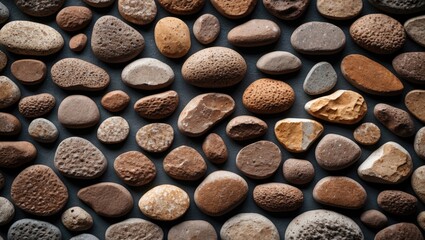 Canvas Print - multi-colored smooth pebbles arranged in a flat layout with varied textures and sizes on a dark back