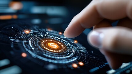 Wall Mural - sleek and futuristic ai driven financial interface with human hand touching and controlling holograp
