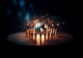 Poster - A group of people figures stand in a circle around a globe, illuminated on a stage against a dark background.  Glowing network connections extend above the world, suggesting global unity and communica