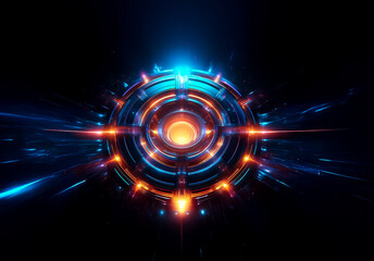 Aufkleber - Circular futuristic technology design with radiant blue and orange glow on a dark backdrop. Light rays are emanating from the bright central core.