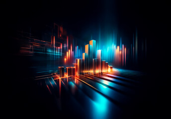 Poster - Abstract digital cityscape with glowing geometric blocks in blue and orange hues against a dark backdrop, creating a futuristic and dynamic visual effect.