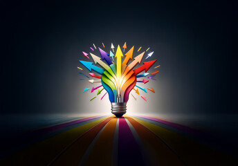 Aufkleber - A vibrant light bulb formed by dynamic, colorful arrows radiates from a central point, symbolizing bright ideas and innovative concepts against a dark backdrop.