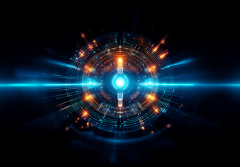 Poster - Abstract digital artwork featuring a bright blue central orb emitting radiant orange and blue light bursts on a dark background, suggestive of futuristic technology.