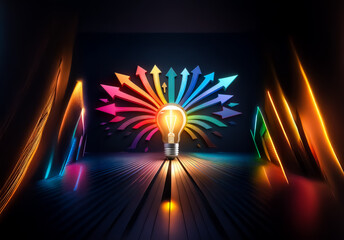 Aufkleber - A central glowing bulb radiates colorful arrows in a dark space. Vibrant light streaks enhance the dynamic and bright energy.