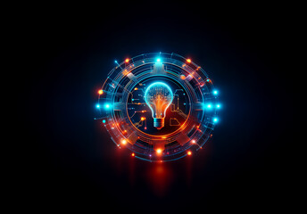 Aufkleber - Glowing lightbulb in a futuristic circular frame.  Blue and orange lights illuminate the design against a dark backdrop, creating a technological and innovative feel.