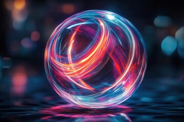 Wall Mural - mystical energy sphere with swirling iridescent light trails, creating a luminous mandala pattern against dark background, with crystalline sacred geometry elements
