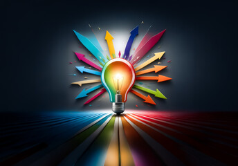 Aufkleber - Colorful arrows radiate from a glowing light bulb set against a dark backdrop, symbolizing diverse ideas and creativity emerging from a central source.