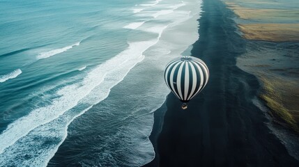 Canvas Print - Hot air balloon flight over black sand beach, ocean waves, Iceland