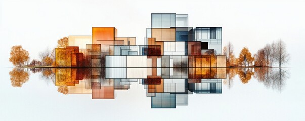 Aufkleber - Abstract Modern Architecture with Reflections and Colorful Blocks in Tranquil Water Setting