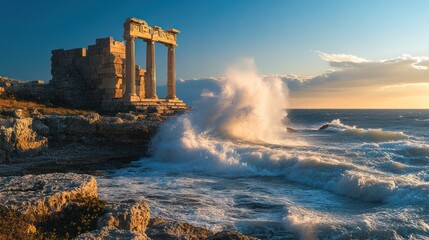 Wall Mural - Sunset waves crash ancient temple ruins, coastal landscape