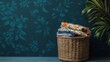 © Kristian - A stylish woven basket filled with neatly arranged floral fabrics, blending natural elements and homely feel, ideal for representing domestic beauty or organization.