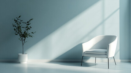 Sticker - Minimalist interior featuring a white chair beside a potted green plant, bathed in sunlight against a soft, light blue wall. Serene simplicity.