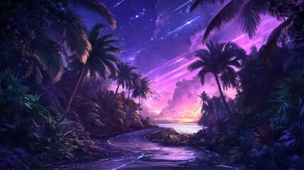 Sticker - Tropical sunset road, shooting stars, palm trees, fantasy landscape, travel poster