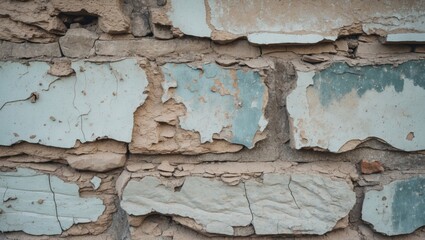 Poster - Peeling paint and worn textures on a weathered stone wall surface with visible cracks and imperfections. Copy Space.