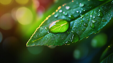 Sticker - Water droplet on leaf. Captures the beauty of nature with a reflection of the leaf within the drop, symbolizing freshness and renewal.