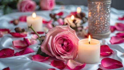 Fototapete - Pink rose surrounded by lit candles and scattered rose petals on elegant satin fabric with decorative holder in soft lighting Copy Space