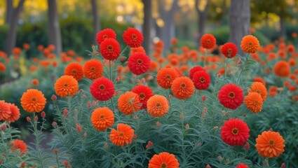 Poster - Vibrant orange and red flowers blooming in a garden setting with blurred background and natural light Copy Space