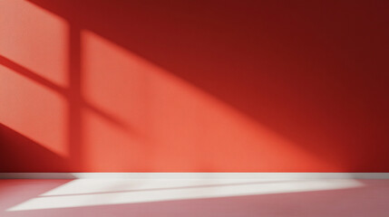 Sticker - A minimalist studio shot of an interior space with a red wall casting geometric shadows, creating a bright and stark yet inviting atmosphere.