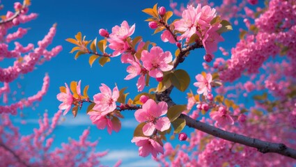Poster - Pink cherry blossoms blooming on tree branches against a clear blue sky with vibrant colors and fresh foliage copy space