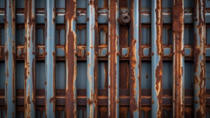 Aufkleber - Rusty metal surface with vertical bars and peeling paint, revealing layers of corrosion and texture, suitable for backgrounds and industrial themes.