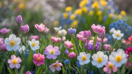 Poster - Colorful spring flowers blooming in a garden with tulips and daisies in soft focus natural light Copy Space