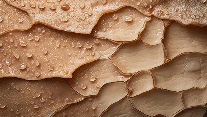 Poster - Close-up of textured layers with water droplets on a beige surface, demonstrating natural patterns and details, ideal for backgrounds and design. Copy Space