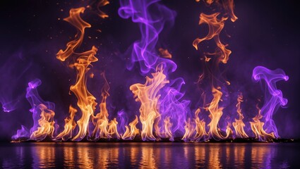 Aufkleber - Colorful flames with purple and orange hues on dark background reflecting on surface Copy Space