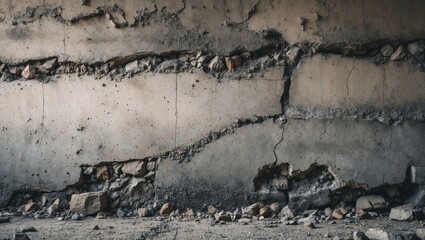 Aufkleber - Cracked and Damaged Concrete Wall with Exposed Stones and Debris in Urban Environment
