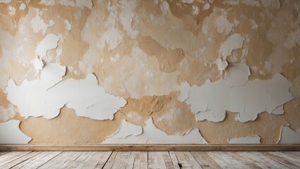 Aufkleber - Textured peeling paint wall with wooden floor in empty room ideal for background design and decoration concepts Copy Space