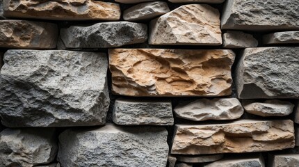 Leinwandbilder - Textured stone wall with various sized gray and beige rocks arranged in a natural pattern. Copy Space available.