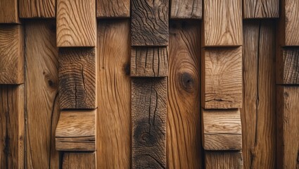 Poster - Textured wooden wall with varying shades and patterns of natural wood grains and geometric shapes, suitable for background use. Copy Space