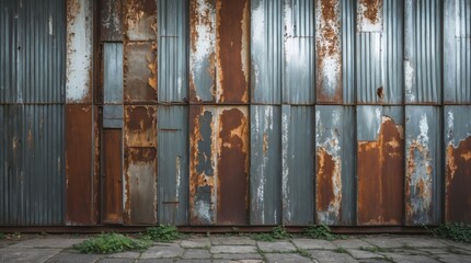 Poster - Rusty corrugated metal wall with peeling paint and weathered texture covered in greenery on the ground Copy Space