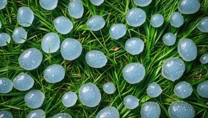 Poster - Close-up of transparent water droplets on green grass surface with a natural texture and details, Copy Space