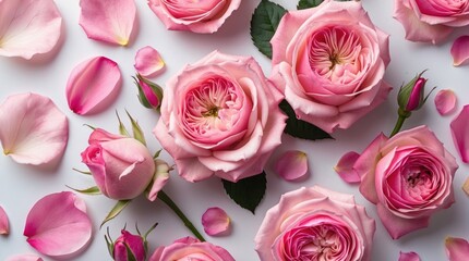 Poster - Pink roses and petals arranged on a light surface with copy space for text inclusion. Detailed floral composition showcasing roses.