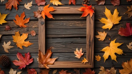 Aufkleber - Wooden photo frame surrounded by colorful autumn leaves on a rustic wooden background with copy space.
