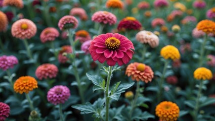 Poster - Colorful Zinnia Flowers in Bloom with Focus on Pink Flower and Soft Background Featuring Green Foliage and Copy Space