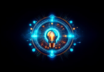 Poster - Bright lightbulb in futuristic circular design. Glowing blue lines and shapes create a tech feel on a dark backdrop.
