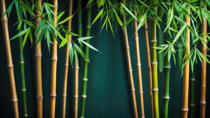 Aufkleber - Green bamboo stalks and leaves on a dark background with copy space for text and design elements.