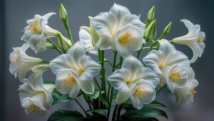Poster - Beautiful arrangement of white lilies with green buds and leaves on a soft background displaying floral elegance Copy Space